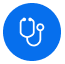 Icon of a white stethoscope on a blue circular background. Represents medicine or healthcare.